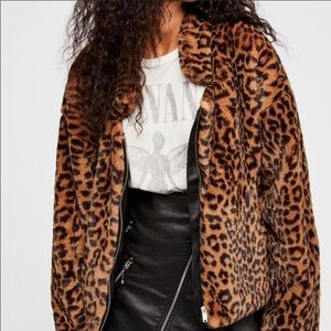 Free People Furry Animal Leopard Print bomber Jacket